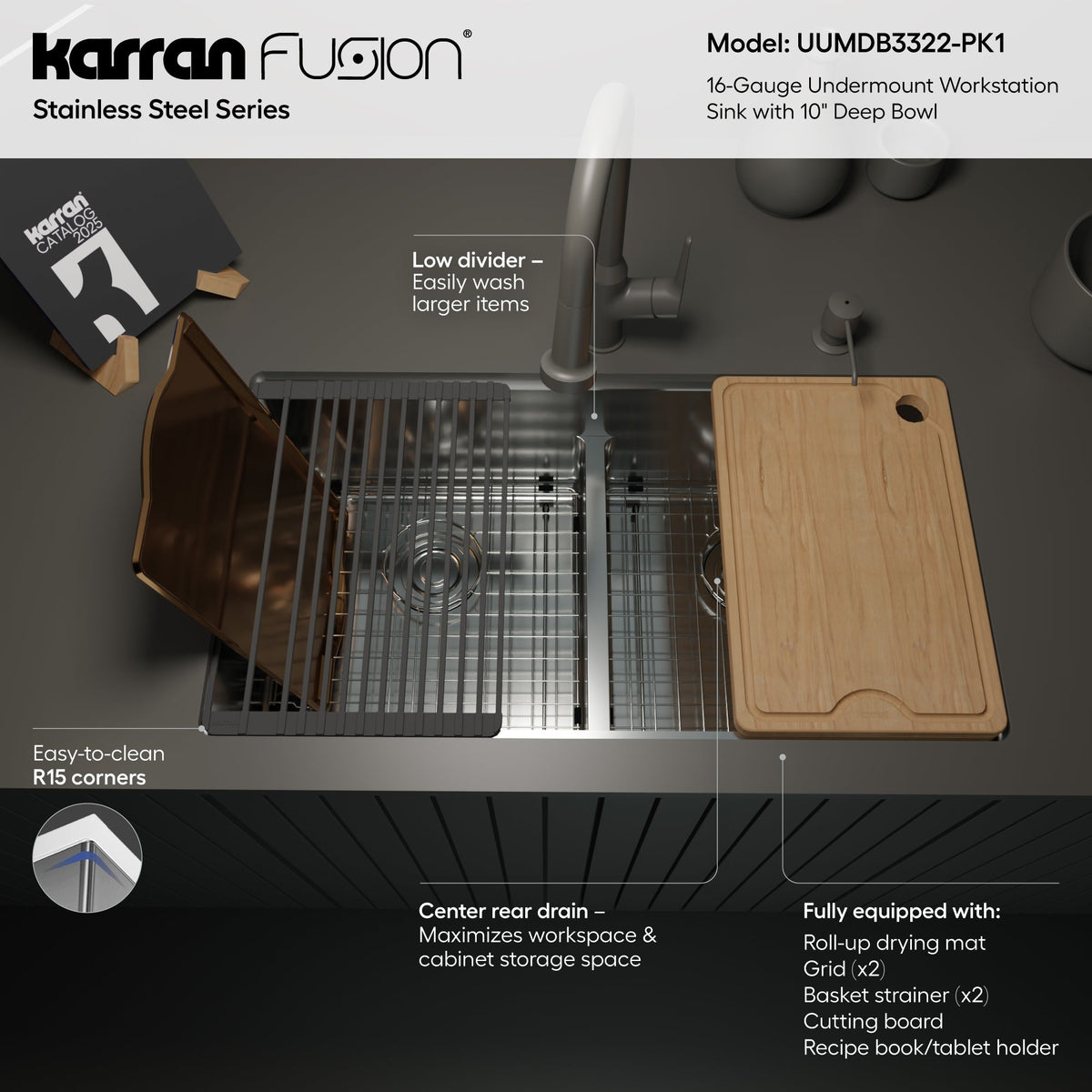 Fusion 33" Undermount Workstation 16 Gauge Double Bowl Stainless Steel Sink with Accessories