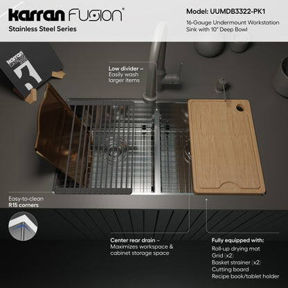 Fusion 33" Undermount Workstation 16 Gauge Double Bowl Stainless Steel Sink with Accessories