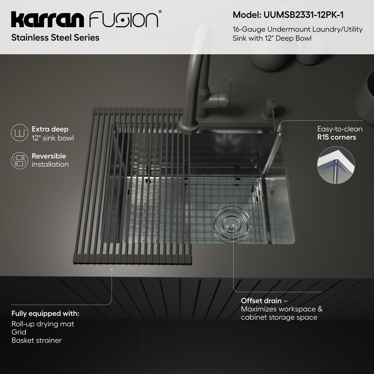 Fusion 23" Undermount 16 Gauge Single Bowl Laundry/Utility Stainless Steel Sink with Accessories