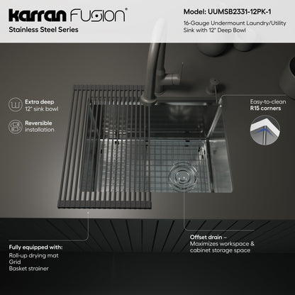 Fusion 23" Undermount 16 Gauge Single Bowl Laundry/Utility Stainless Steel Sink with Accessories