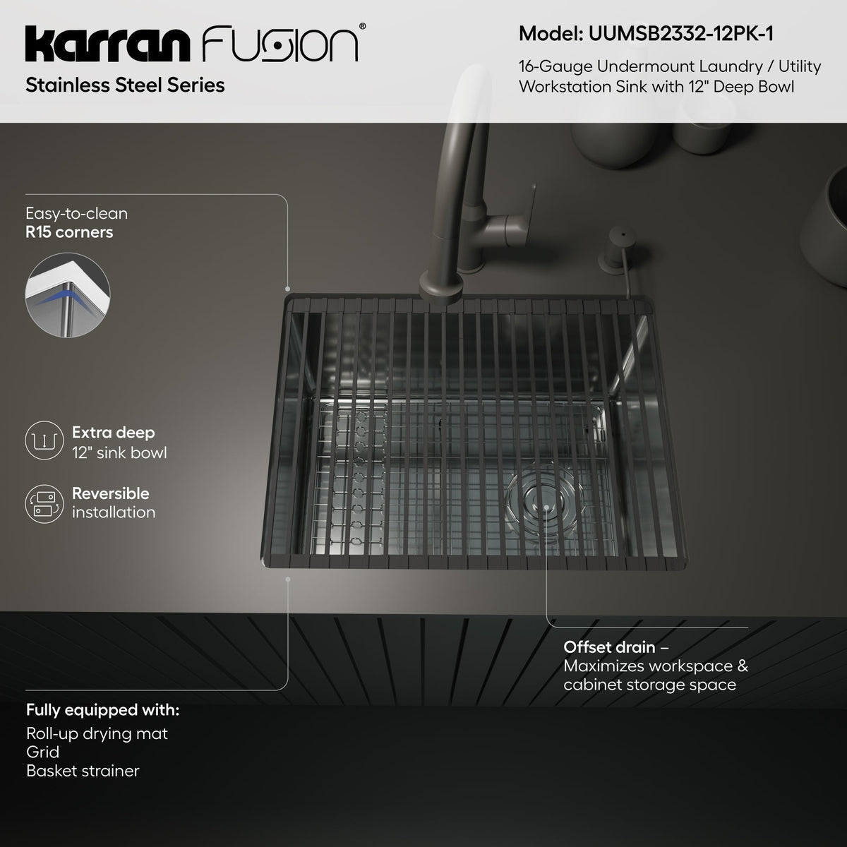 Fusion 23" Undermount Workstation 16 Gauge Single Bowl Laundry/Utility Stainless Steel Sink with Accessories