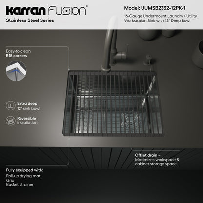Fusion 23" Undermount Workstation 16 Gauge Single Bowl Laundry/Utility Stainless Steel Sink with Accessories