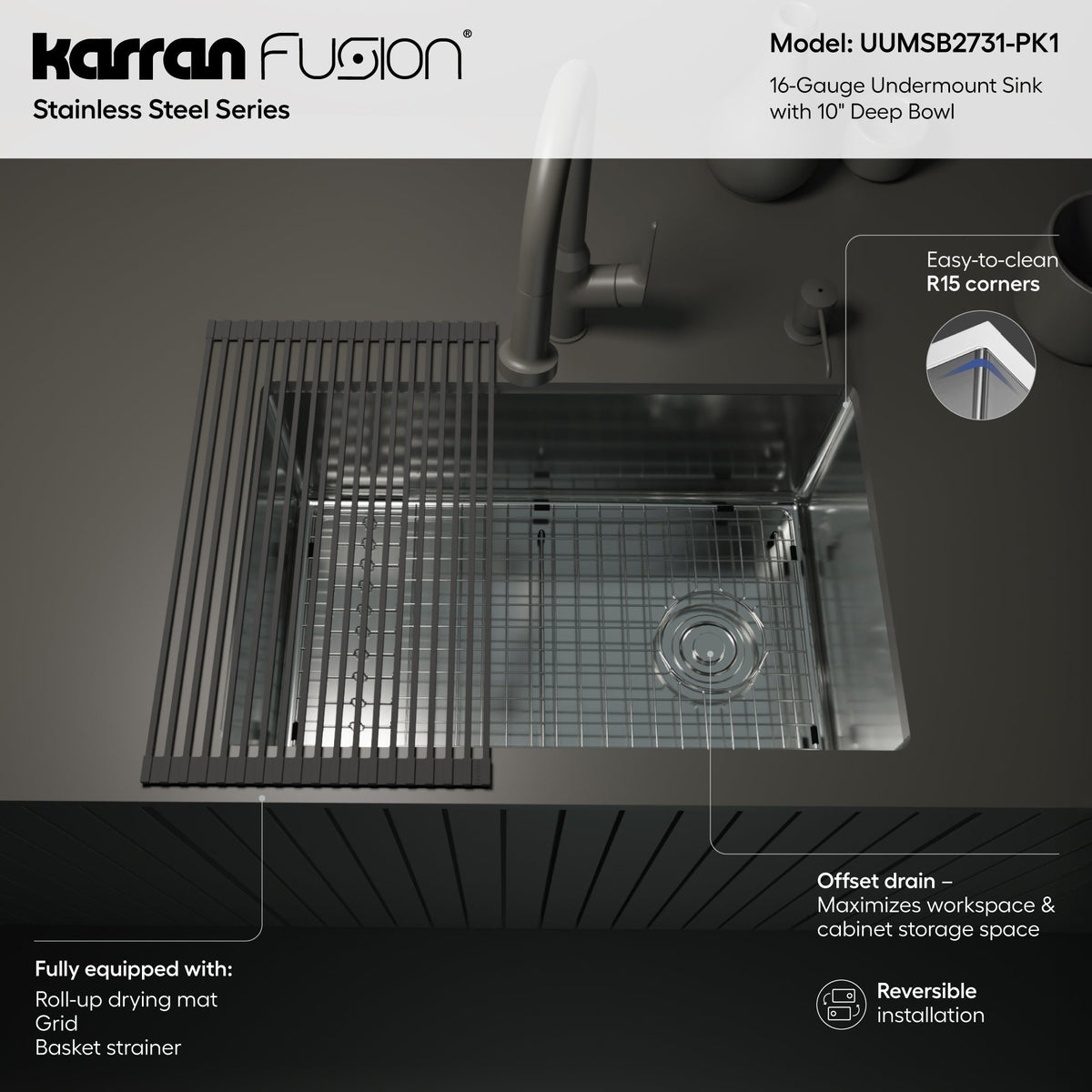 Fusion 27" Undermount 16 Gauge Single Bowl Stainless Steel Sink with Accessories
