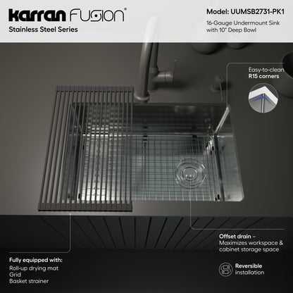 Fusion 27" Undermount 16 Gauge Single Bowl Stainless Steel Sink with Accessories