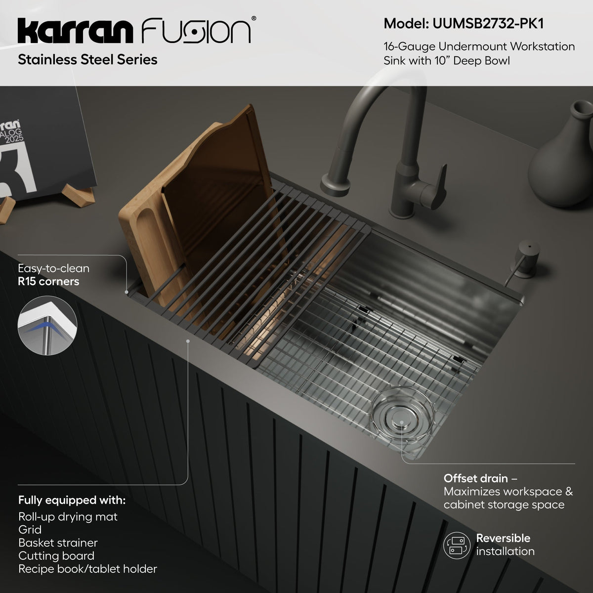 Fusion 27" Undermount Workstation 16 Gauge Single Bowl Stainless Steel Sink with Accessories