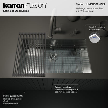 Fusion 31" Undermount 18 Gauge Single Bowl Stainless Steel Sink with Accessories