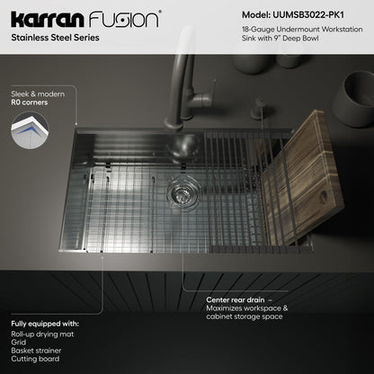 Fusion 31" Undermount Workstation 18 Gauge Single Bowl Stainless Steel Sink with Accessories