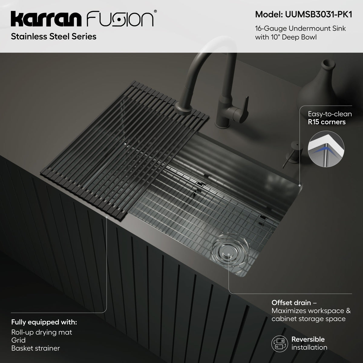 Fusion 30" Undermount 16 Gauge Single Bowl Stainless Steel Sink with Accessories