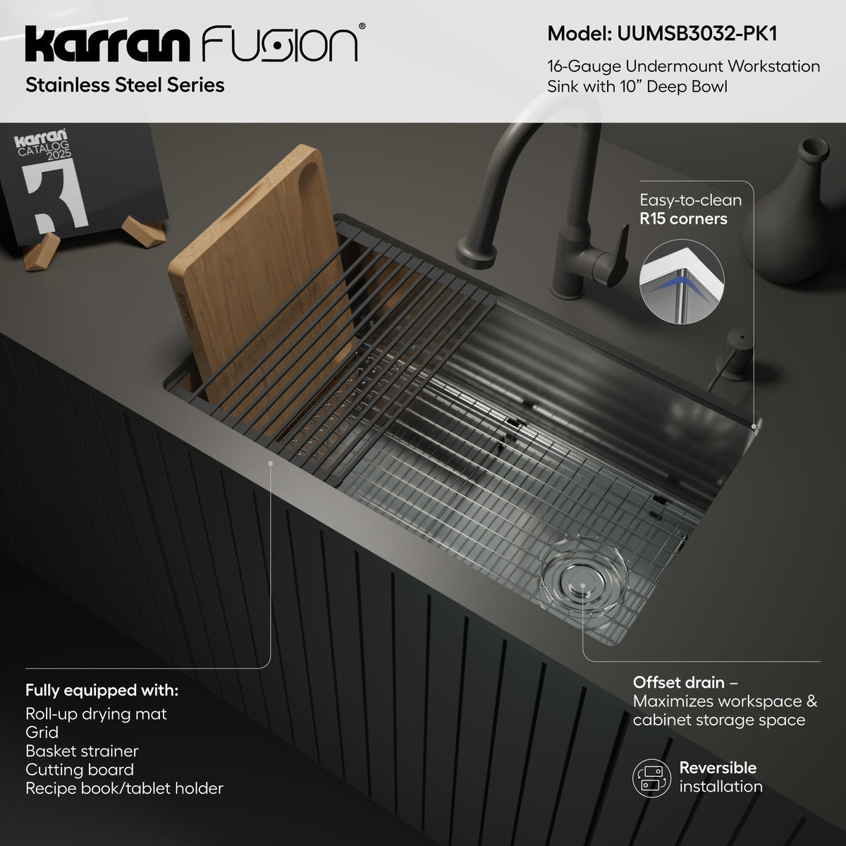 Fusion 30" Undermount Workstation 16 Gauge Single Bowl Stainless Steel Sink with Accessories