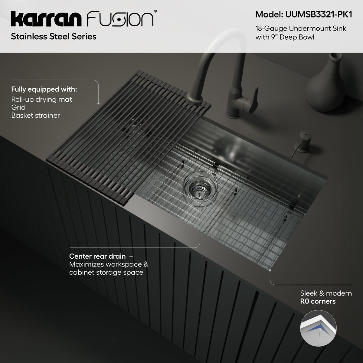 Fusion 33" Undermount 18 Gauge Single Bowl Stainless Steel Sink with Accessories