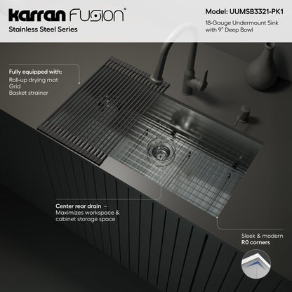 Fusion 33" Undermount 18 Gauge Single Bowl Stainless Steel Sink with Accessories