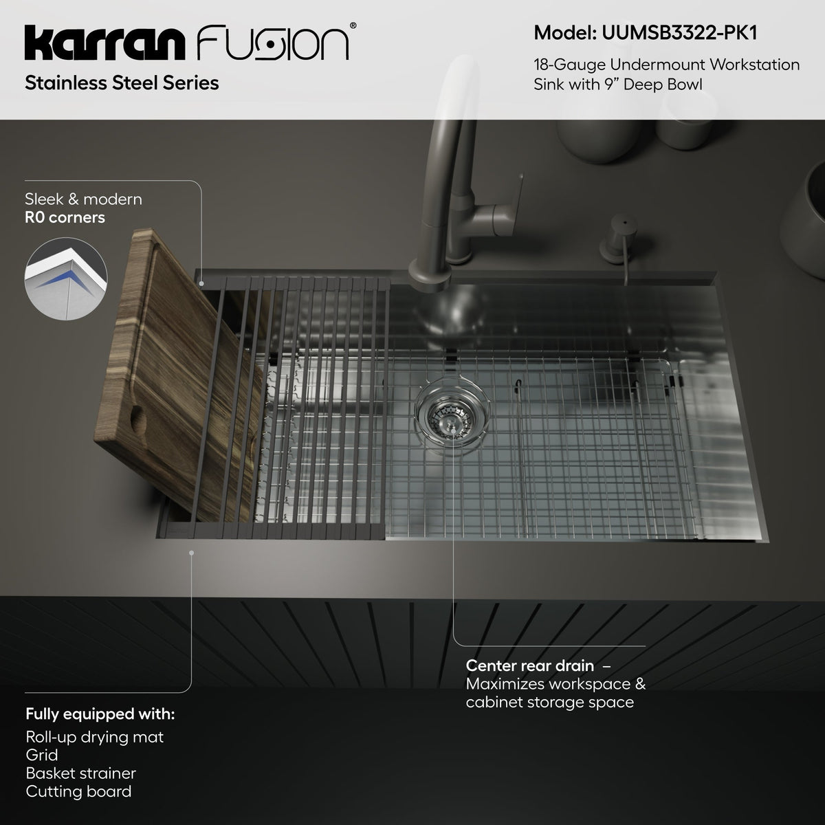 Fusion 33" Undermount Workstation 18 Gauge Single Bowl Stainless Steel Sink with Accessories