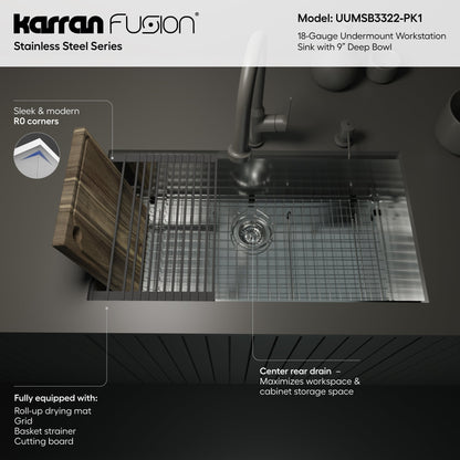 Fusion 33" Undermount Workstation 18 Gauge Single Bowl Stainless Steel Sink with Accessories