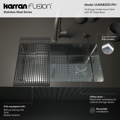 Fusion 33" Undermount 16 Gauge Single Bowl Stainless Steel Sink with Accessories