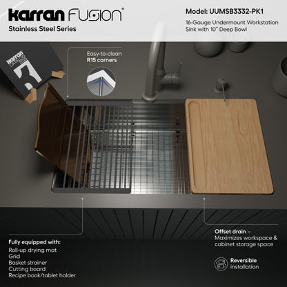 Fusion 33" Undermount Workstation 16 Gauge Single Bowl Stainless Steel Sink with Accessories
