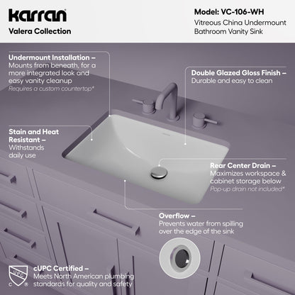 Valera 21" Rectangular Undermount Vitreous China Bathroom Sink In White