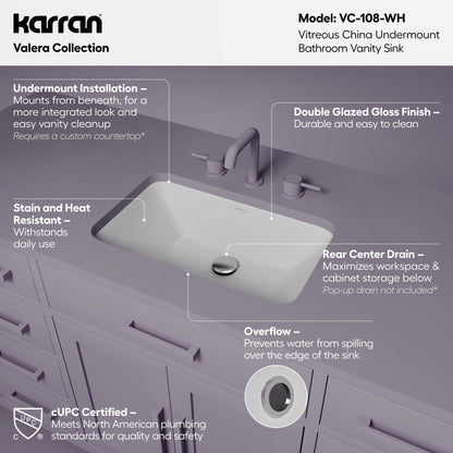 Valera 21" Rectangular Undermount Vitreous China Bathroom Sink In White