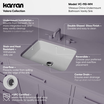 Valera 20" Rectangular Undermount Vitreous China Bathroom Sink In White