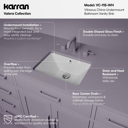 Valera 17" Rectangular Undermount Vitreous China Bathroom Sink In White
