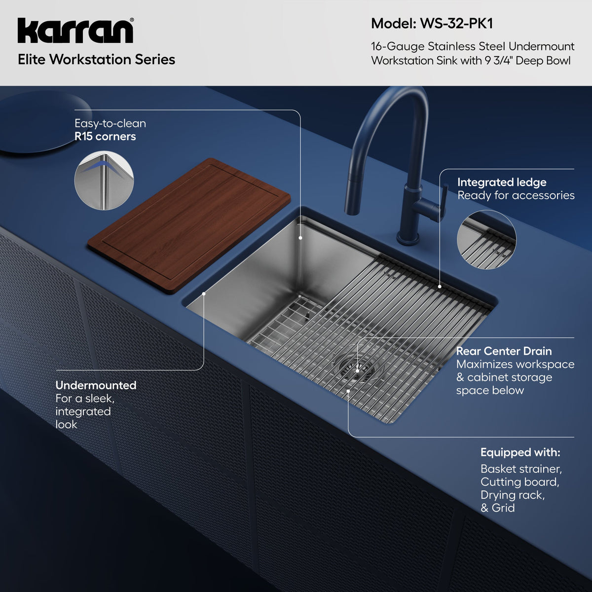 23" Undermount Single Bowl Stainless Steel Workstation Kitchen Sink