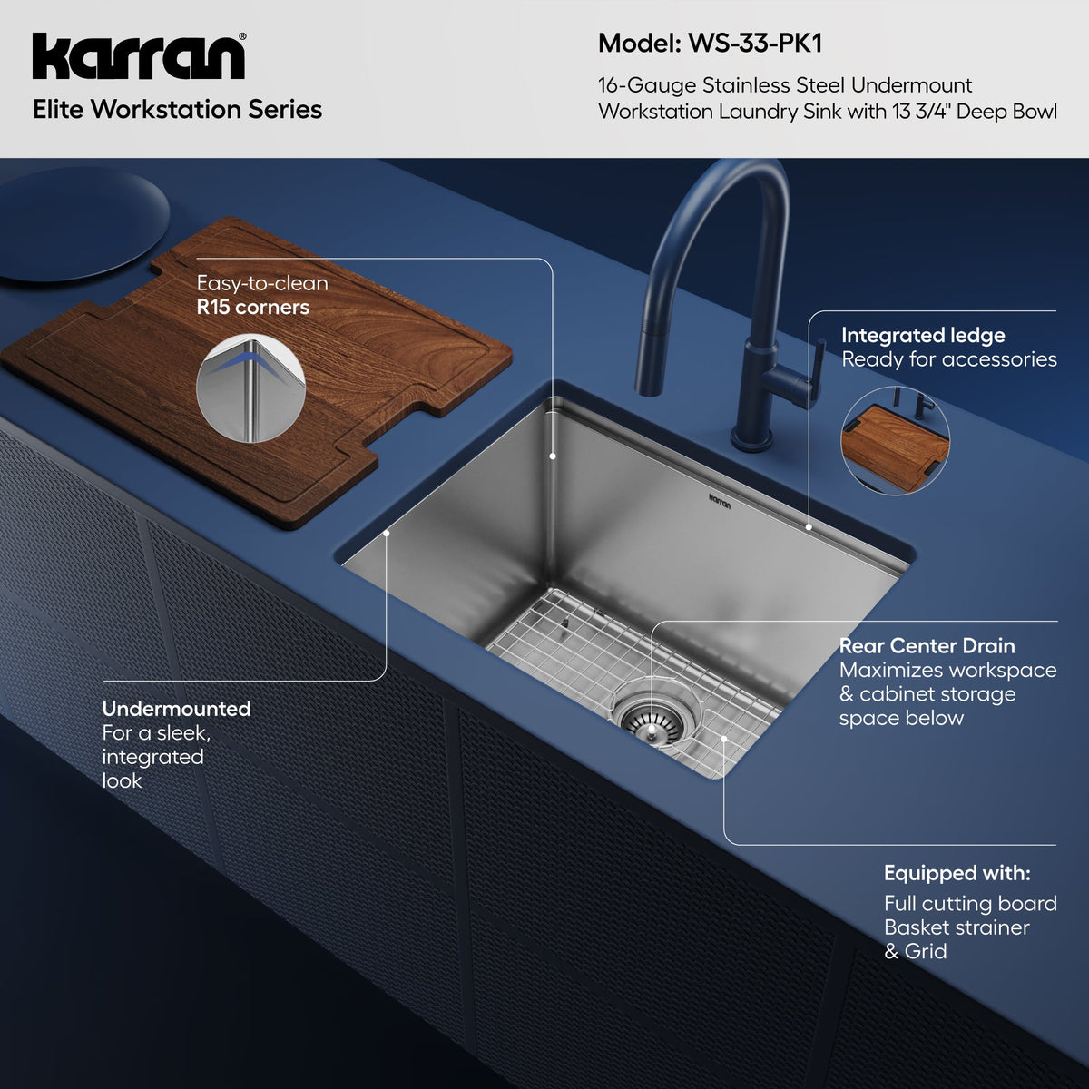 23" Undermount Single Bowl Stainless Steel Workstation Laundry Sink