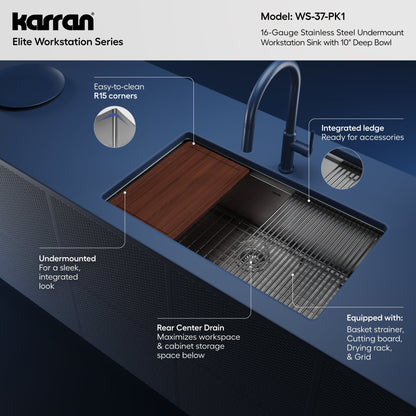 32" Undermount Large Single Bowl Stainless Steel Workstation Kitchen Sink