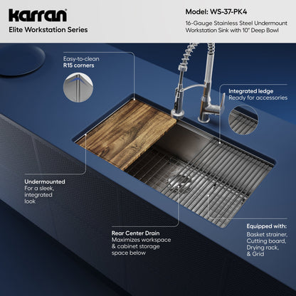 Elite 32" Undermount Workstation 16 Gauge Single Bowl Stainless Steel Kitchen Sink with Scottsdale Pull-Down Faucet