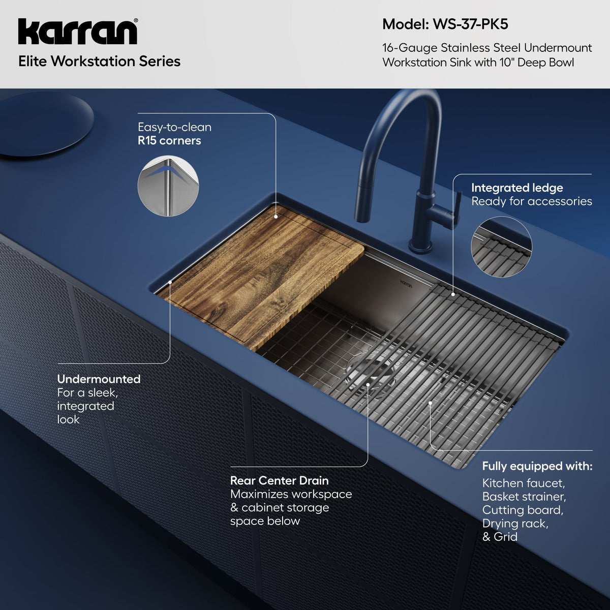 Elite 32" Undermount Workstation 16 Gauge Single Bowl Stainless Steel Kitchen Sink