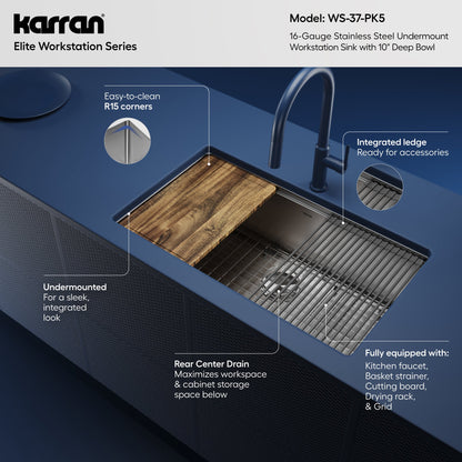 Elite 32" Undermount Workstation 16 Gauge Single Bowl Stainless Steel Kitchen Sink