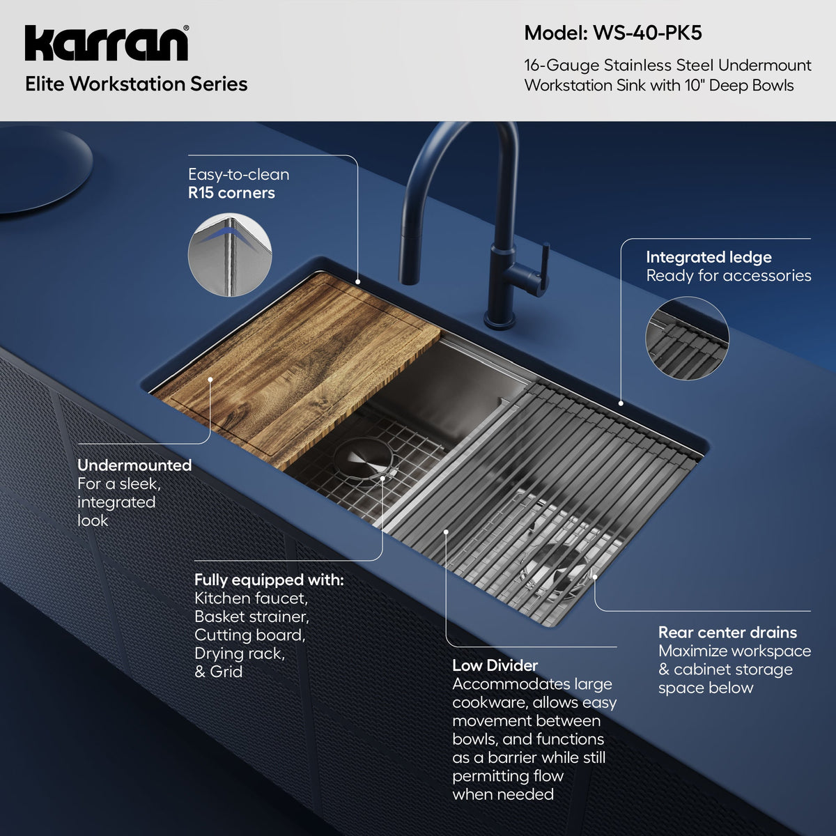 Elite 32" Undermount Workstation 16 Gauge Double Bowl Stainless Steel Kitchen Sink