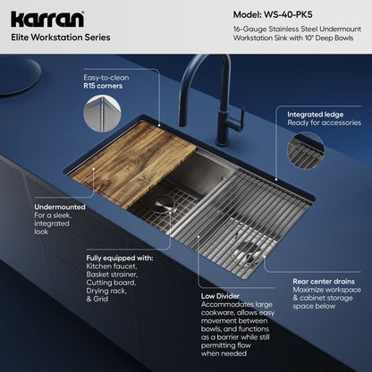 Elite 32" Undermount Workstation 16 Gauge Double Bowl Stainless Steel Kitchen Sink