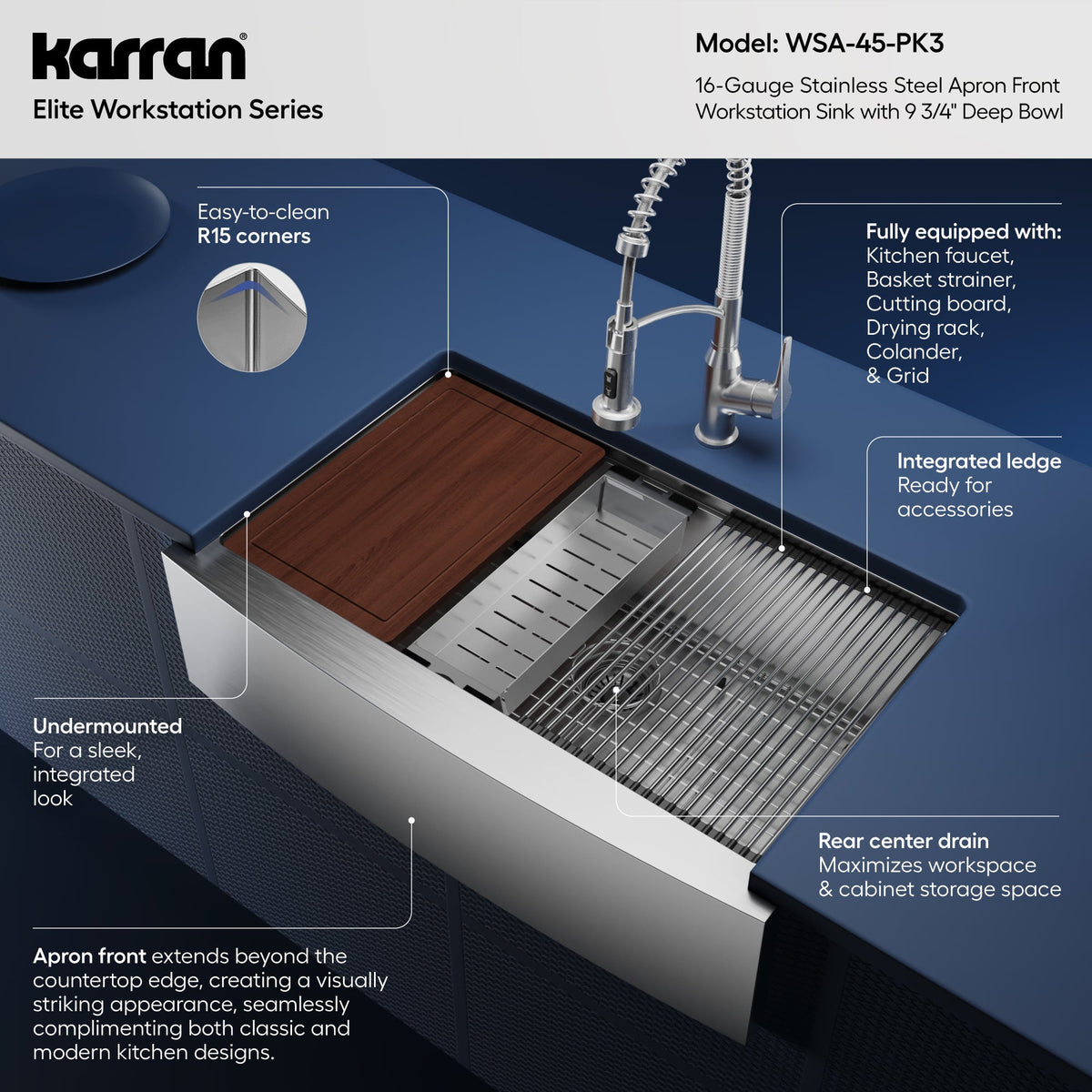 Elite 32" Apron Front Workstation 16 Gauge Single Bowl Stainless Steel Kitchen Sink with Scottsdale Pull-Down Faucet