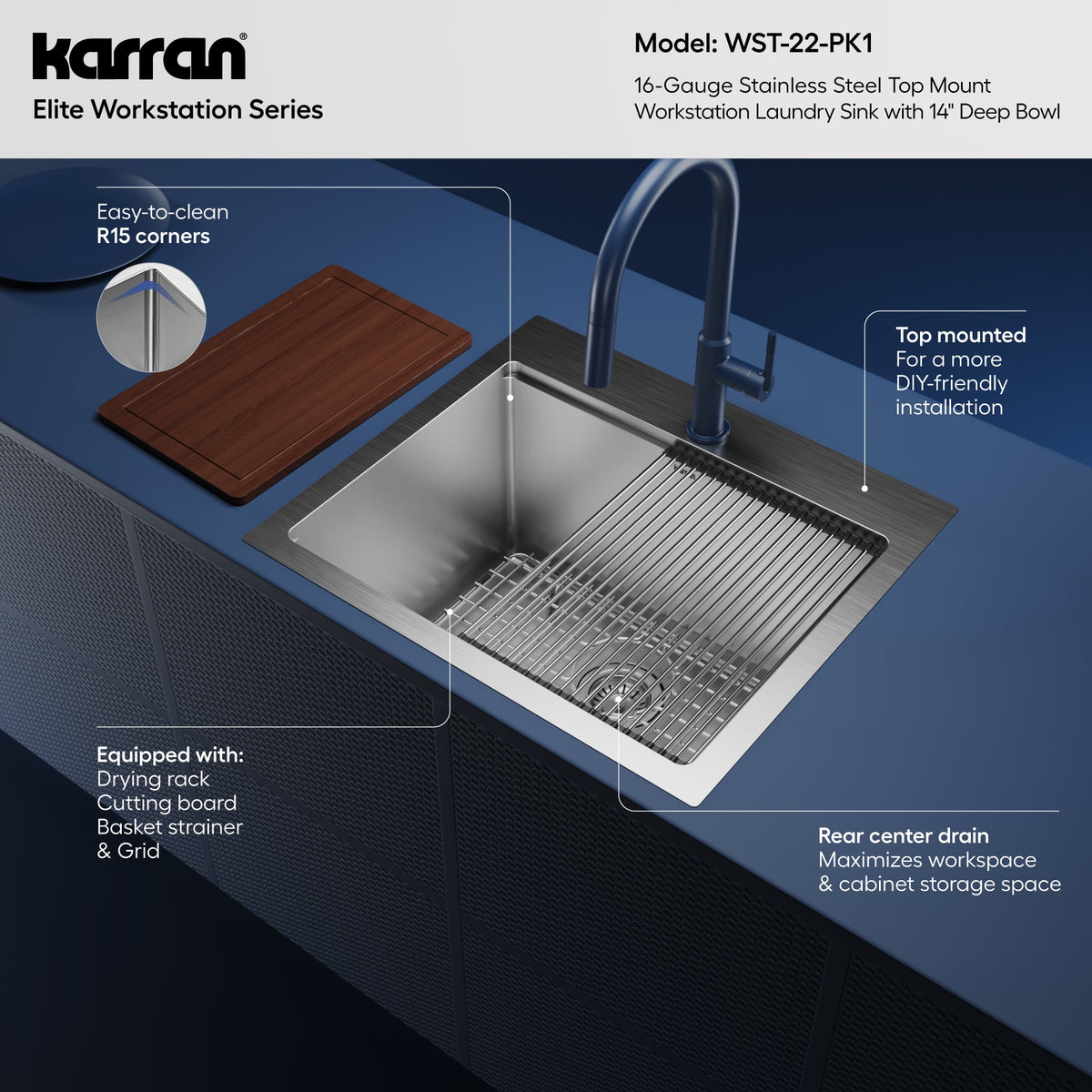 Elite 25" Top Mount Single Bowl Stainless Steel Workstation Laundry Sink