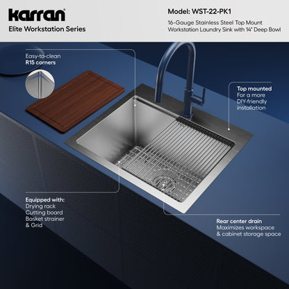 Elite 25" Top Mount Single Bowl Stainless Steel Workstation Laundry Sink