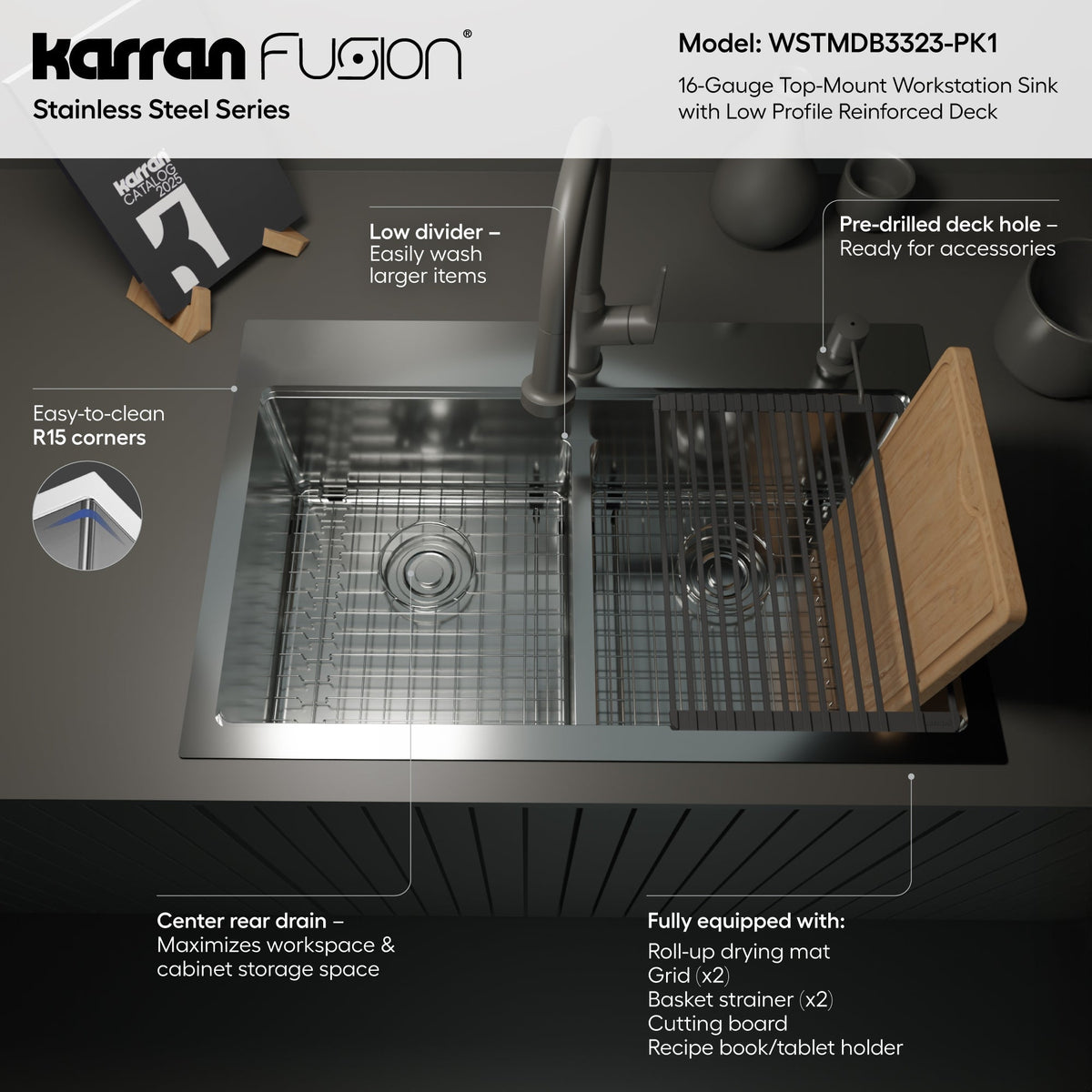 Fusion 33" Top Mount Workstation 16 Gauge Double Bowl Stainless Steel Sink with Accessories