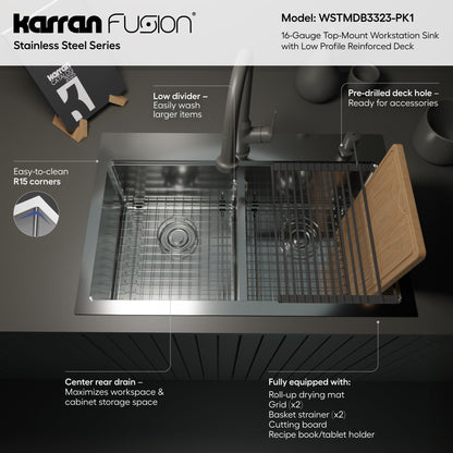 Fusion 33" Top Mount Workstation 16 Gauge Double Bowl Stainless Steel Sink with Accessories