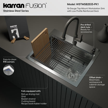 Fusion 25" Top Mount Workstation 16 Gauge Single Bowl Stainless Steel Sink with Accessories