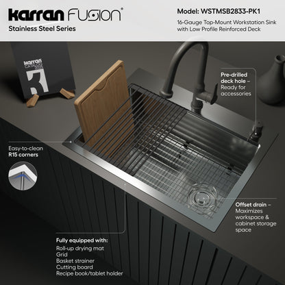Fusion 28" Top Mount Workstation 16 Gauge Single Bowl Stainless Steel Sink with Accessories