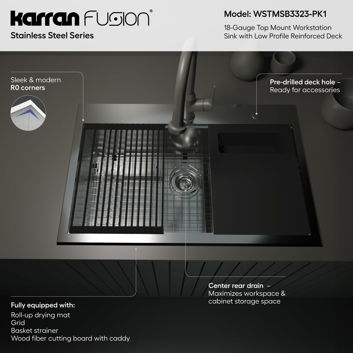 Fusion 33" Top Mount Workstation 18 Gauge Single Bowl Stainless Steel Sink with Accessories