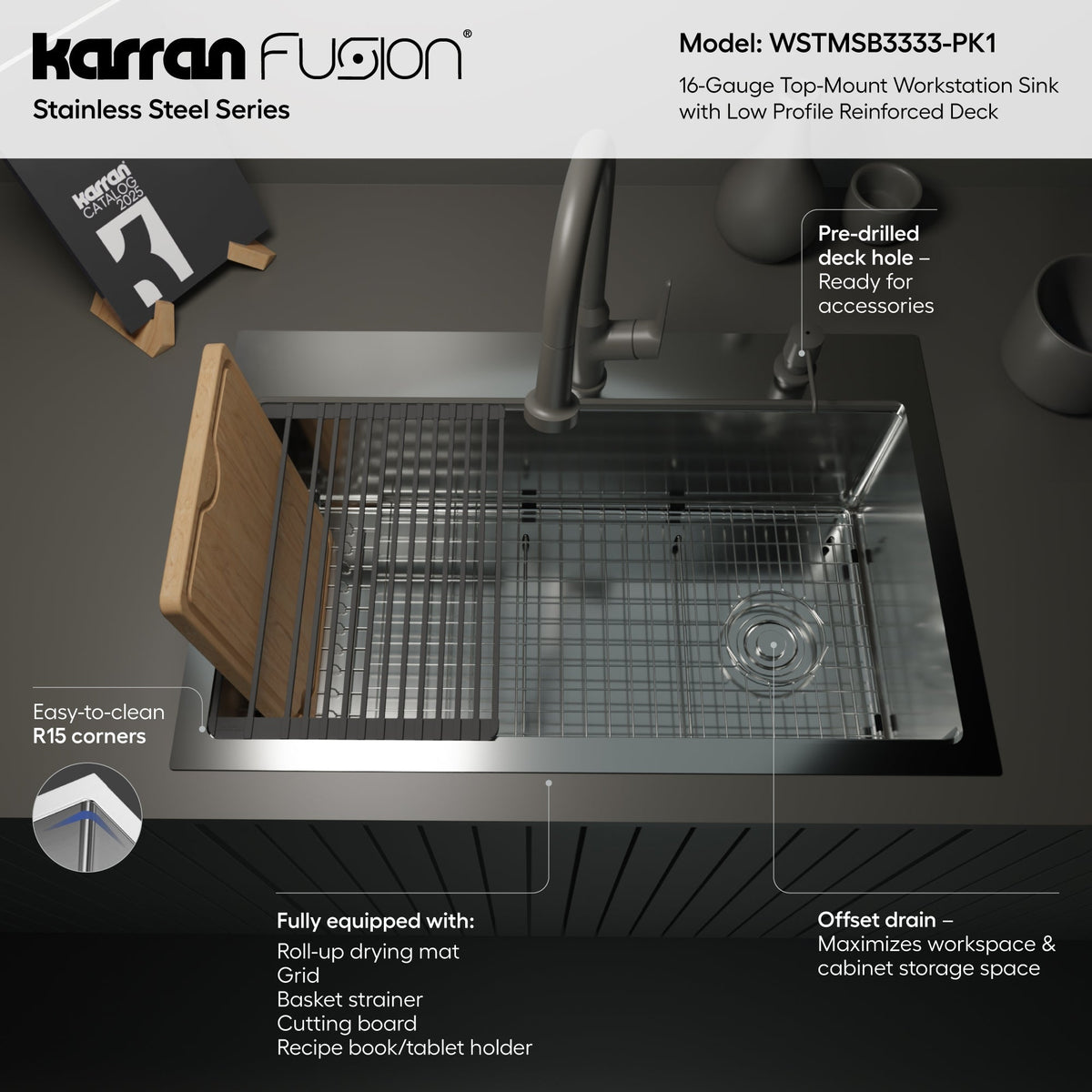 Fusion 33" Top Mount Workstation 16 Gauge Single Bowl Stainless Steel Sink with Accessories