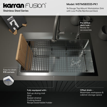 Fusion 33" Top Mount Workstation 16 Gauge Single Bowl Stainless Steel Sink with Accessories