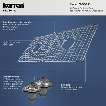 33" Top Mount Double Equal Bowl Stainless Steel Kitchen Sink Kit