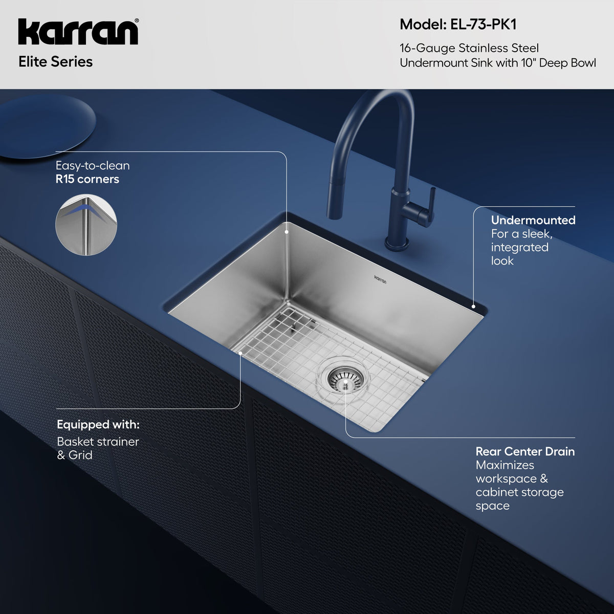 Elite 23" Undermount 16 Gauge Single Bowl Stainless Steel Kitchen Sink with Accessories