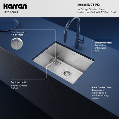 Elite 23" Undermount 16 Gauge Single Bowl Stainless Steel Kitchen Sink with Accessories