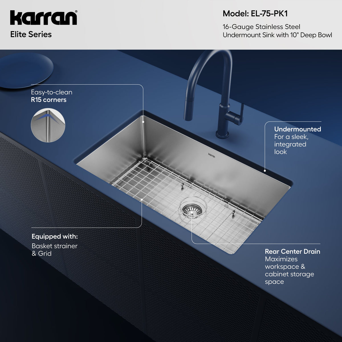 Elite 30" Undermount 16 Gauge Single Bowl Stainless Steel Kitchen Sink with Accessories