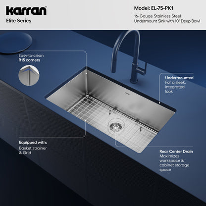 Elite 30" Undermount 16 Gauge Single Bowl Stainless Steel Kitchen Sink with Accessories