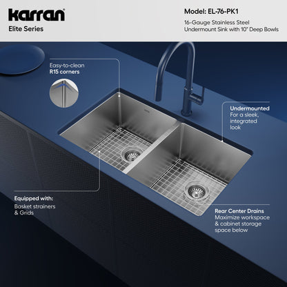 Elite 32" Undermount 16 Gauge Double Bowl Stainless Steel Kitchen Sink with Accessories