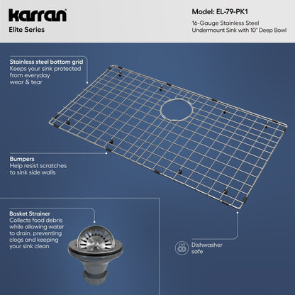 Elite 32" Undermount 16 Gauge Single Bowl Stainless Steel Sink with Accessories