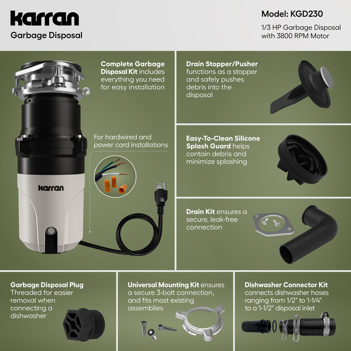 1/3 HP Continuous Feed Garbage Disposal for Kitchen Sinks with Power Cord and Accessories Included