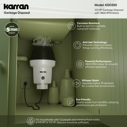 1/2 HP Continuous Feed Garbage Disposal for Kitchen Sinks with Power Cord and Accessories Included